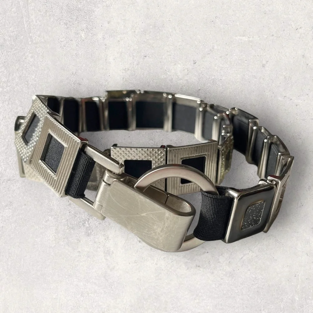Y2K Metal Geometric Links Belt Carabiner O ring Buckle Stretchy Glitter Silver M